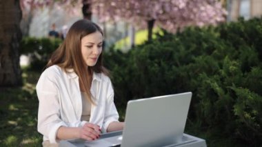Siber uzay işi, uzak ofis, ağaç zemin. Dışarıdaki Sakura ağacının yanında duran kadın, bilgisayarından sanal sohbete girişiyor..