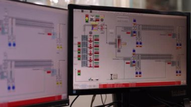 Endüstriyel Santral, Kontrol Sistemi, Bilgisayar Monitörü. Bilgisayar monitöründe görüntülenen endüstriyel bitki kontrol arayüzü, ayrıntılı diyagramlar ve etiketlerle yakın çekim görüntüsü.