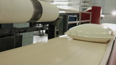 Taşıyıcı bant, kargo taşıma, şeker tutma. Endüstriyel ortamda taşınan taşıma bandına yapıştırılmış plastik poşet şekeri.