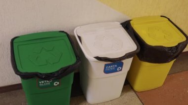 Geri dönüşüm kutuları, atık ayıklama, çevre dostu çöp kutuları. Her biri cam, kağıt ve plastik için belirlenmiş geri dönüşüm kapları, farklı renkler ve kapaklar üzerinde geri dönüşüm sembolleri var.