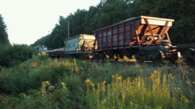 Yük treni, yük vagonları, tren yolu. Yük vagonlu yük treni, yoğun orman bitkileriyle çevrili tren yolu boyunca hareket eder, yumuşak güneş ışığıyla yıkanır..