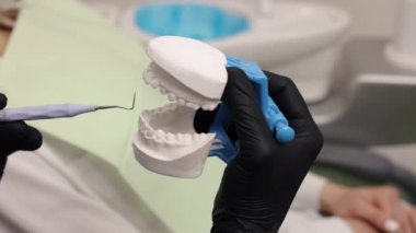 Diş aleti, dişçi hijyeni, dişçi elleri. Diş muayenehanesinde, dişçilerin hem diş modelini hem de aletini tutan eldivenli elleri gösteriyor..