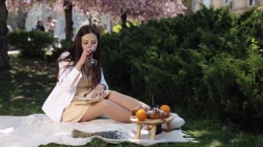 Açık hava pikniği, piknik rahatlama, rahatlama kitabı. Parkta pikniğin tadını çıkaran kadın oturur ve kitap okur..