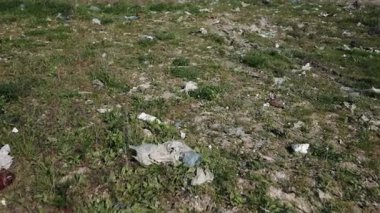 Kırsal kirlilik, çöp toplama, çevresel bakım. Dağınık çöp, kırsal bölgelerdeki yaygın sorun kirliliğine ve aciliyete dikkat çekerek, yemyeşil otlağı bozuyor.