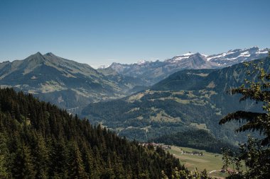 Arka planda Diableretler ve Pic Chaussy ile Aigle yakınlarındaki Rhone Vadisi 'nde manzara. Yazın aydınlık bir gün. Leysin, Vaud, İsviçre