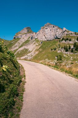 Alp çayır ve kayalar arasındaki beton dağ yolu, Tour de Mayen ve Tour d 'Ai tepeleri parlak bir yaz gününde arka planda. Leysin, Vaud, İsviçre