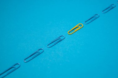 Bir sarı ataç ve mavi arka planda mavi ataç. Üst manzara, düz uzanma.