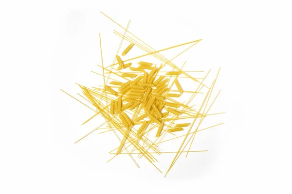 Trockene Pasta Lange Spaghetti Auf Weißem Hintergrund Draufsicht Flache Lage — Stockfoto