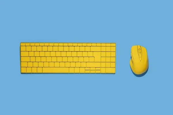 Yellow Keyboard Yellow Computer Mouse Blue Background Top View Flat — Stock Photo, Image