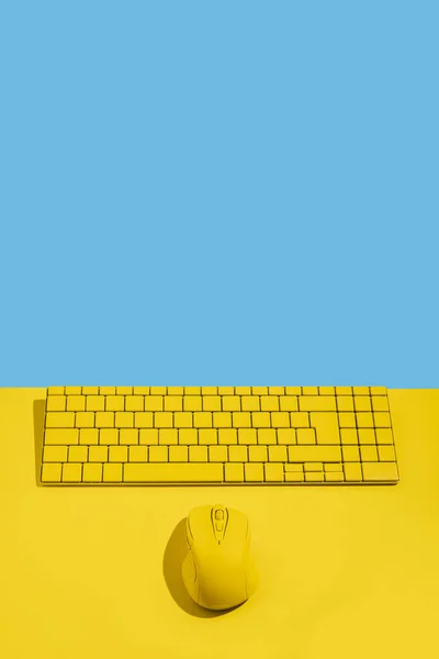 Yellow Keyboard Yellow Computer Mouse Yellow Blue Background Top View — Stock Photo, Image