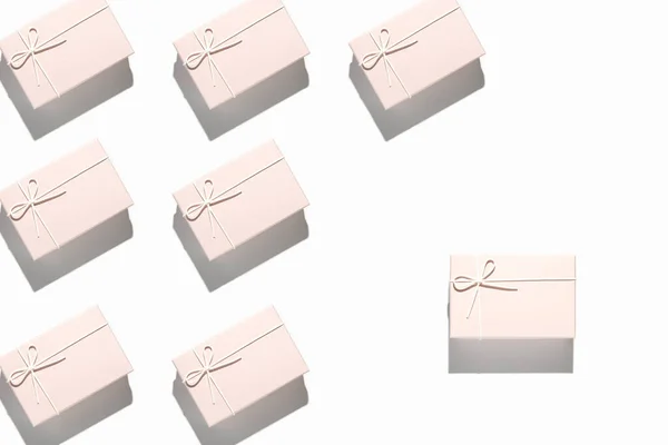 Viele Zartrosa Geschenkverpackungen Auf Weißem Hintergrund Draufsicht Flache Lage — Stockfoto