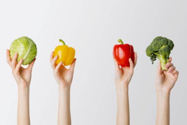 Collage with female hands holding cabbage, pepper, broccoli on white background.