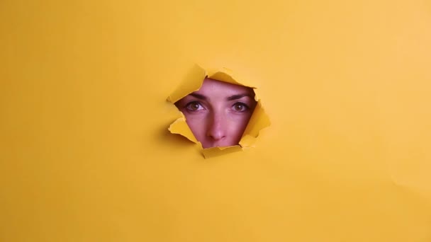 Młoda Kobieta Patrząc Przez Dziurę Żółtym Tle — Wideo stockowe