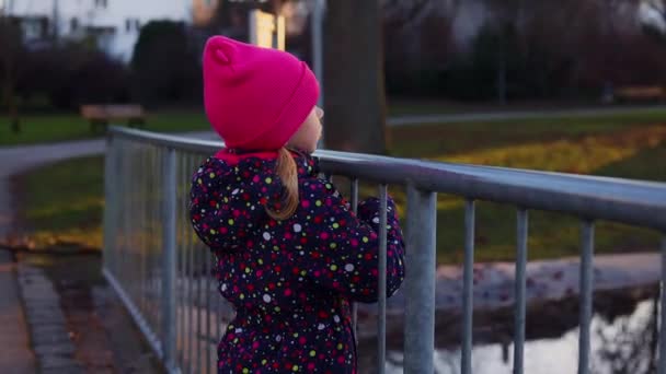 公園の湖のそばに子供の女の子が立っている — ストック動画