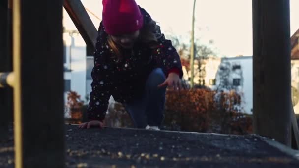 Kind Meisje Klimt Een Kinderglijbaan — Stockvideo
