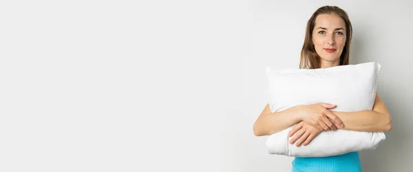 Smiling Young Woman Tank Top Holding Pillow White Background Banner — Stock Photo, Image