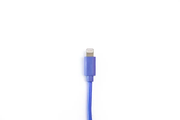 Blue USB charging cable compatible with mobile phones on a white background. Top view, flat lay.