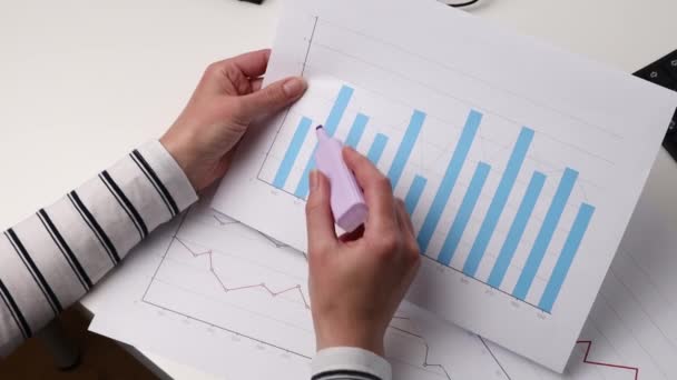 Woman Checking Documents Reports Statistics — Stock Video