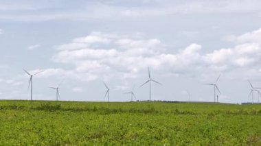 Tarlaların arka planında rüzgar türbinleri var. Rüzgar çiftliği, küresel ısınmaya karşı savaş