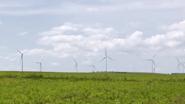 田野背景上的风力涡轮机 风电场 对抗全球暖化 — 图库视频影像