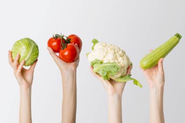 Beyaz arka planda lahana, domates, karnabahar, kabak tutan kadın eli kolajı..