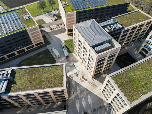 Office buildings, business centers. Top view, flat lay, roof view.