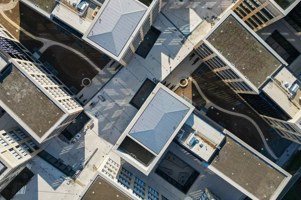 Office buildings, business centers. Top view, flat lay, roof view.