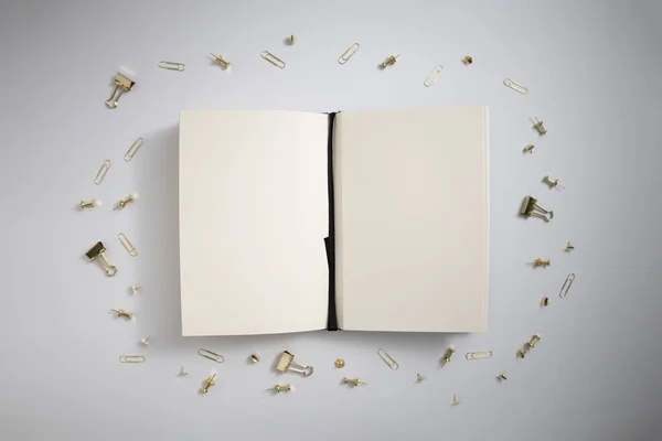 Open Dagboek Gouden Clips Paperclips Een Witte Achtergrond Bovenaanzicht Vlak — Stockfoto
