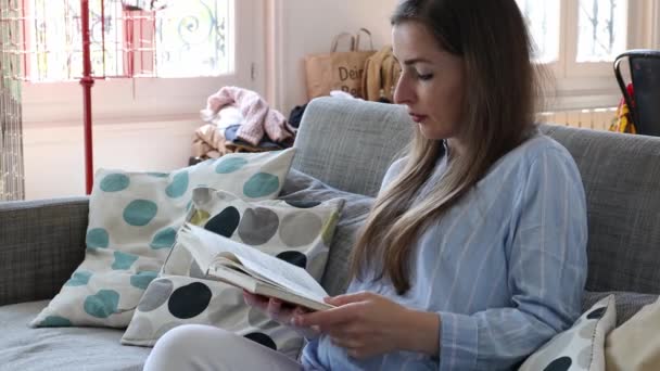 Γυναίκα Διαβάζοντας Ένα Βιβλίο Που Κάθεται Στον Καναπέ — Αρχείο Βίντεο