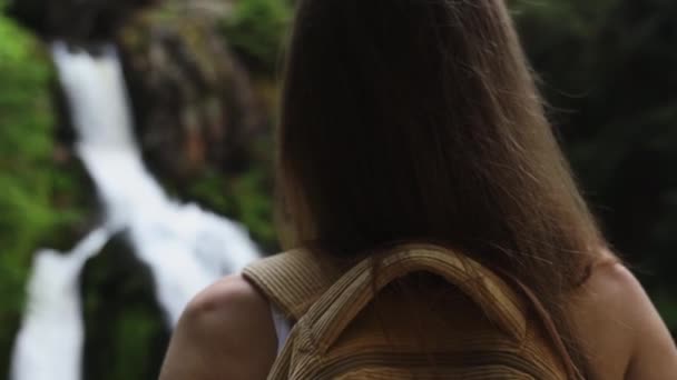 Mujer Admirando Cascada Montaña Bosque Verano — Vídeo de stock
