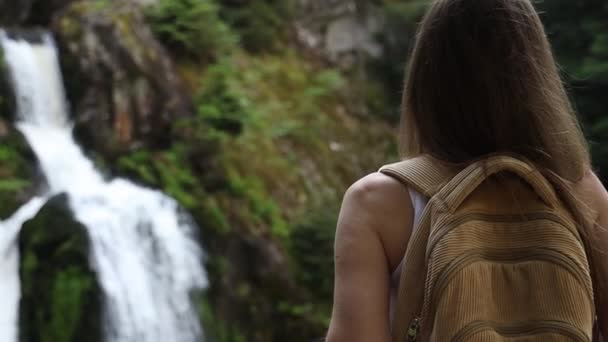 Woman Admiring Mountain Waterfall Summer Forest — Stock Video
