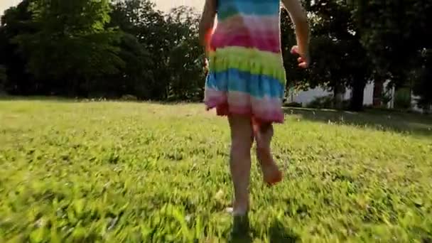 Κοριτσάκι Τρέχει Μέσα Από Λιβάδι Στο Πάρκο — Αρχείο Βίντεο