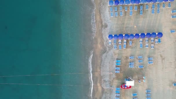 Άδεια Παραλία Ξαπλώστρες Και Ομπρέλες Στην Ακτή Της Θάλασσας Θέα — Αρχείο Βίντεο