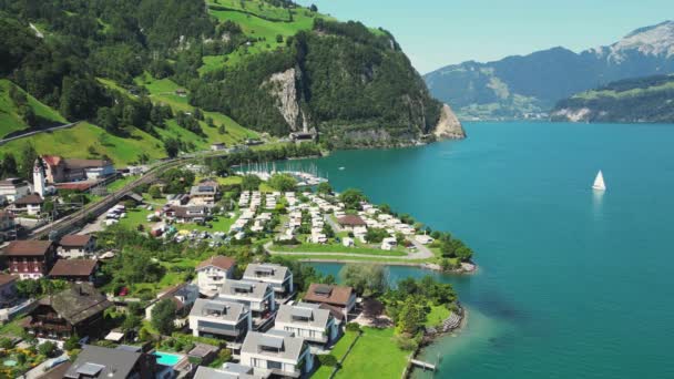 Ville Suisse Bord Lac Montagne Vue Depuis Drone — Video