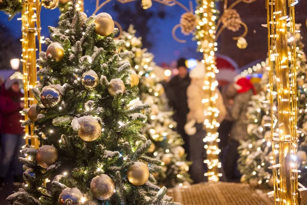 Christmas Luminous Tree Decorations Toys Balls Garland Background Bokeh Snow — Stock Photo, Image