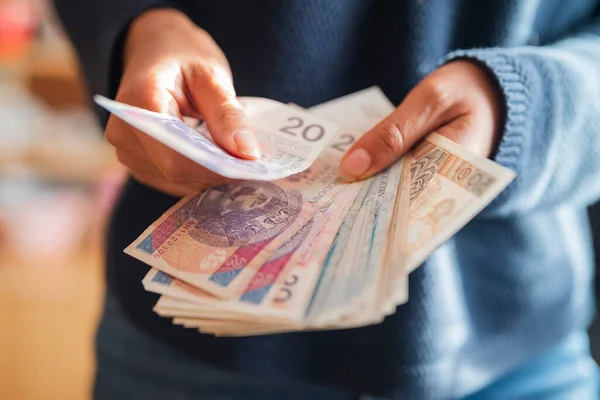 Kız elinde para tutuyor. Zloty 'leri ve bozuk paraları parlatıyor. Ödeme için de maaşını.