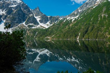 Dağlardaki Morskie Oko Gölü manzarası. Temiz su ve Tatra Ulusal Parkı 'ndaki Zakopane Polonya' nın yansıması.