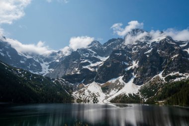 Dağlardaki Morskie Oko Gölü manzarası. Temiz su ve Tatra Ulusal Parkı 'ndaki Zakopane Polonya' nın yansıması.
