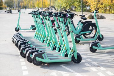 Tallinn, Estonya, 20 Ekim 2024. Şehirde kiralık sürgülü scooter park edilmiş.