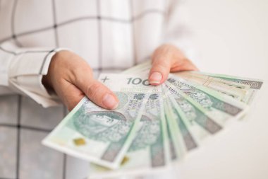 Bir kız parayı elinde tutar. Zloty 'yi para için parlatır.
