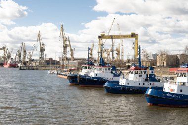 Szczecin Polonya - 5 Nisan 2025, nehir kıyısında vinç ve gemilerle deniz kargo limanı