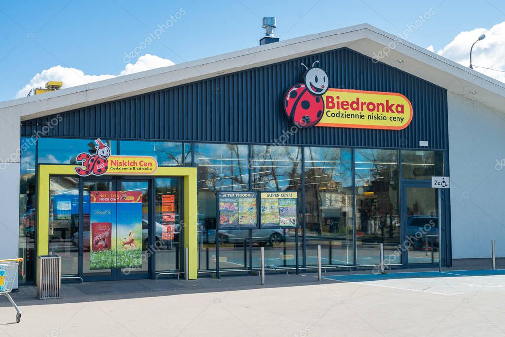 Szczecin Poland - April 5, 2025, grocery store of the Biedronka chain brand in Poland, advertising sign
