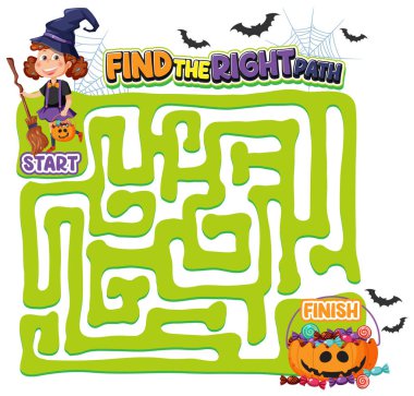 Çocuk resimlemesi için Cadılar Bayramı temalı labirent oyun şablonu