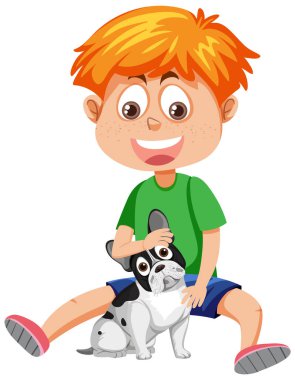 Kızıl saçlı bir çocuk köpek resimleriyle oynuyor.