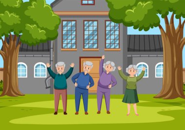 Park illüstrasyonunda egzersiz yapan yaşlılar