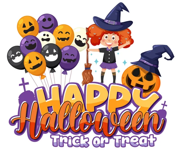 Bruja Chica Con Halloween Feliz Fuente Logo Ilustración — Vector de stock