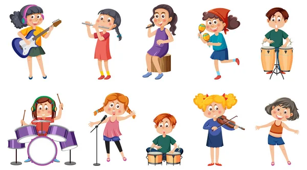 Ensemble Différents Enfants Jouant Illustration Musicale — Image vectorielle