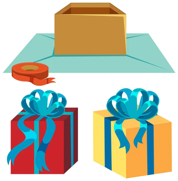 Geschenkschachteln Und Geöffnete Schachtel Set Illustration — Stockvektor