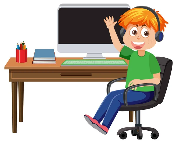Boy Sitting Front Computer Illustration — Archivo Imágenes Vectoriales