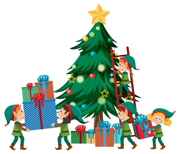 Παιδιά Κοστούμι Ξωτικό Διακόσμηση Χριστουγεννιάτικο Δέντρο Εικονογράφηση — Διανυσματικό Αρχείο